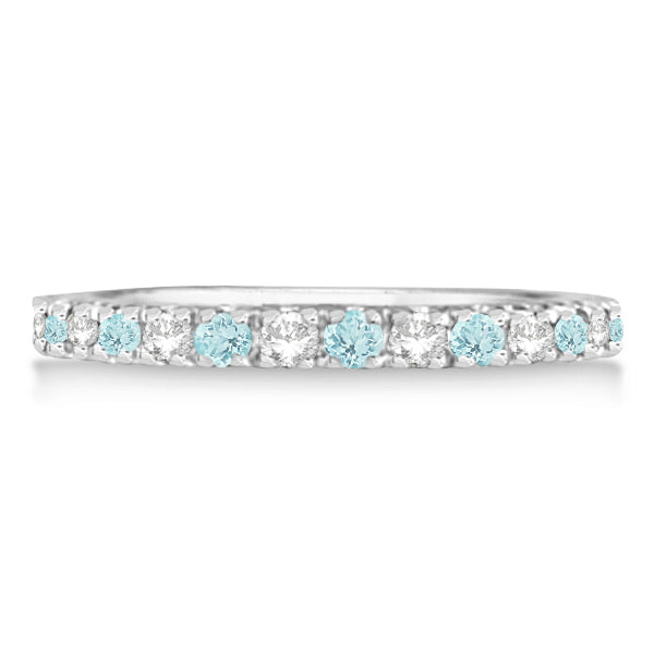 Diamond & Aquamarine Eternity Ring Stack Band 14K White Gold (0.51ct)