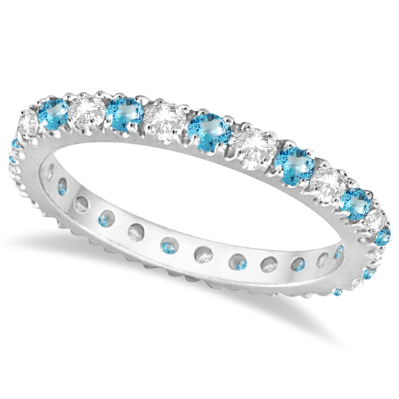 Diamond & Blue Topaz Eternity Ring Stack Band 14K White Gold (0.64ct)