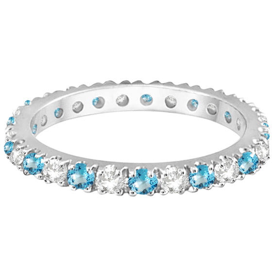 Diamond & Blue Topaz Eternity Ring Stack Band 14K White Gold (0.64ct)
