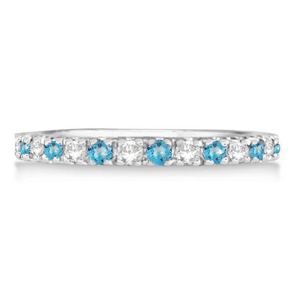 Diamond & Blue Topaz Eternity Ring Stack Band 14K White Gold (0.64ct)