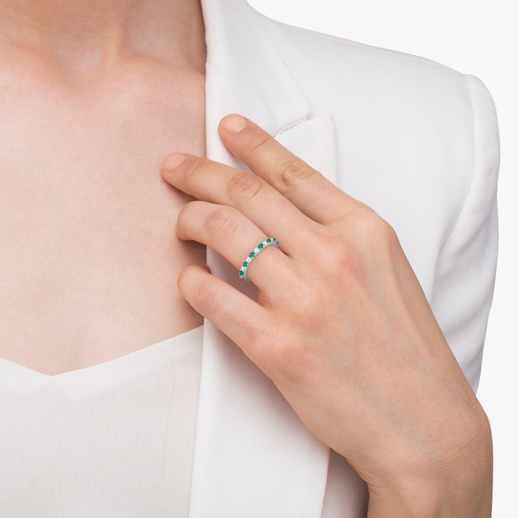 Lab Diamond & Lab Emerald Eternity Ring Stackable Band 14K White Gold (0.64ct)