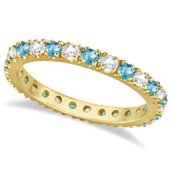 Diamond & Blue Topaz Eternity Ring Guard Band 14K Yellow Gold (0.64ct)