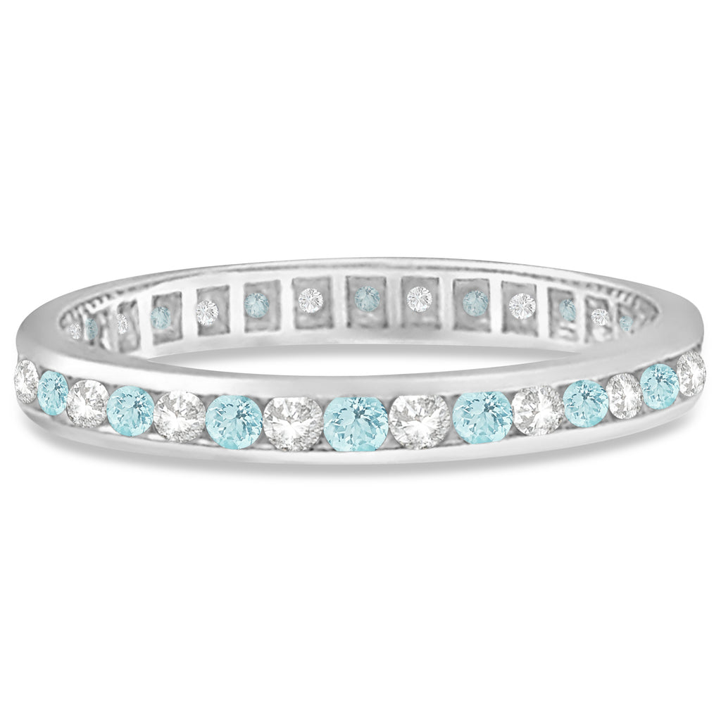 Aquamarine & Diamond Channel-Set Eternity Ring Band 14k White Gold (1.04ct)