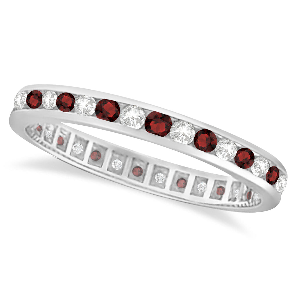 Garnet & Diamond Channel-Set Ring Eternity Band 14k White Gold (1.04ct)
