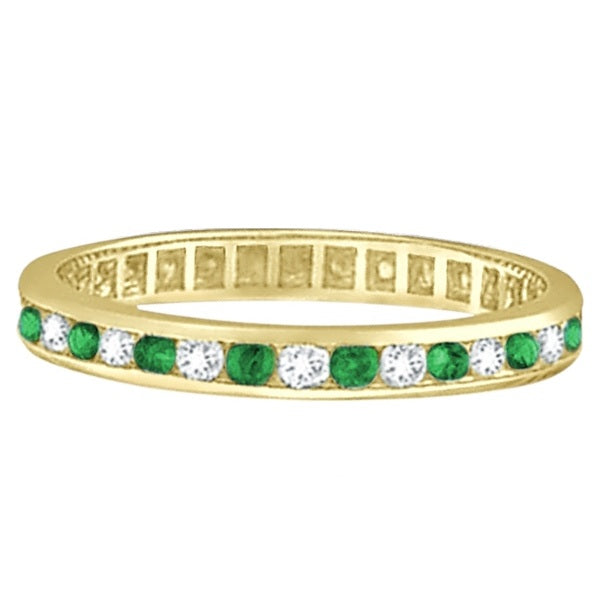 Emerald & Diamond Channel Set Eternity Ring Band 14k Yellow G. (1.04ct)