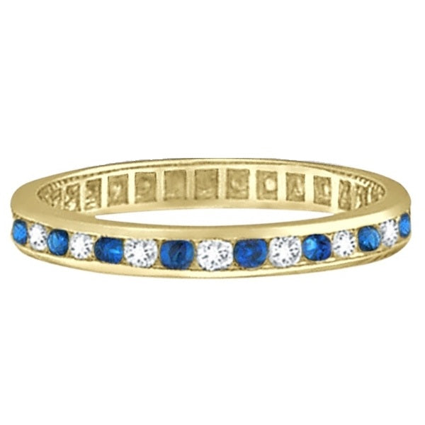1.04ct Blue Sapphire & Diamond Channel Set Eternity Band 14k Yellow Gold