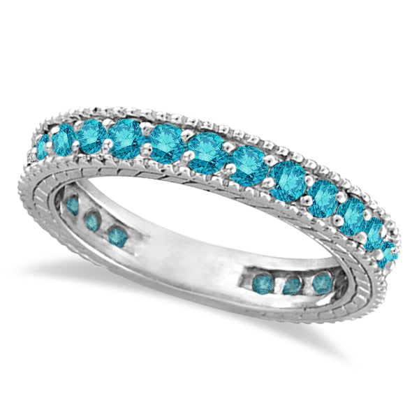 Blue Diamond Eternity Ring with Milgrain Edges 14k White Gold (1.00ct)