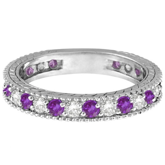 Diamond & Amethyst Eternity Ring Band 14k White Gold (1.08ct)