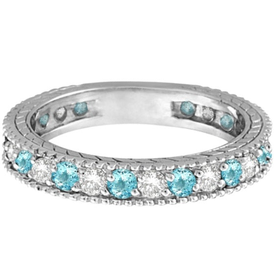 Diamond & Aquamarine Eternity Ring Band 14k White Gold (1.08ct)