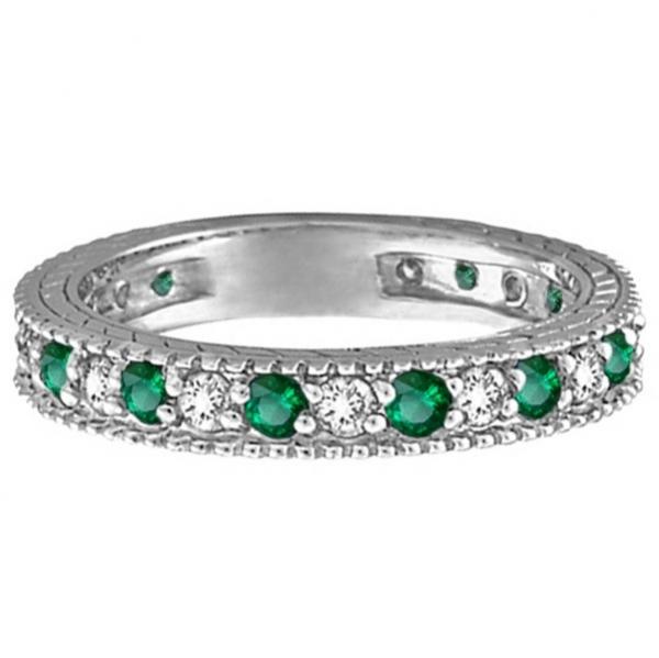 Diamond and Emerald Anniversary Ring Band in 14k White Gold (1.08 ctw)