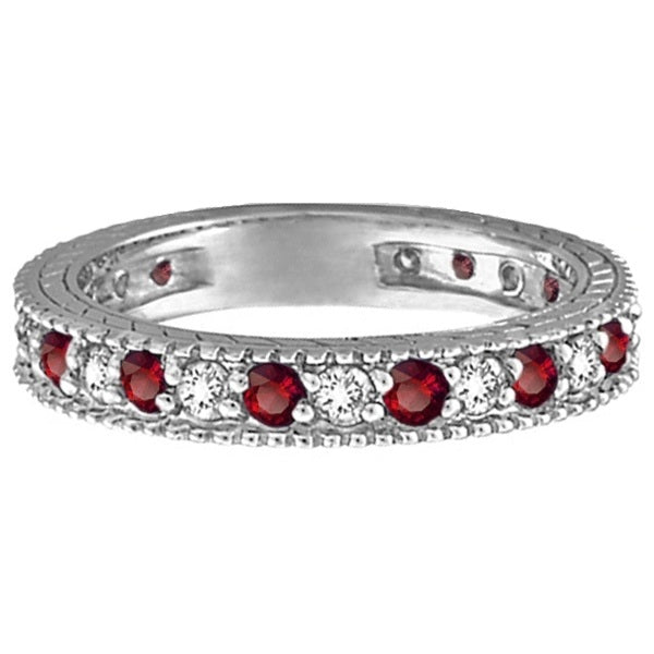 Diamond & Garnet Eternity Ring Filigree Band 14k White Gold (1.08ctw)