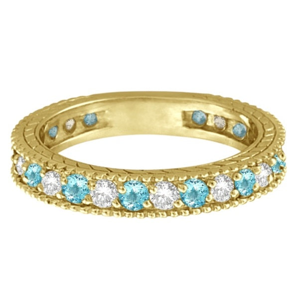Diamond & Aquamarine Eternity Ring Band 14k Yellow Gold (1.08ct)