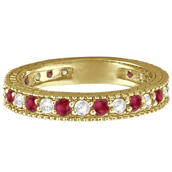 Diamond & Garnet Eternity Ring Filigree Band 14k Yellow Gold (1.08ctw)