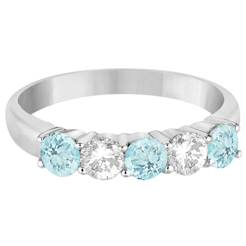 Five Stone Diamond and Aquamarine Ring 14k White Gold (1.36ctw)