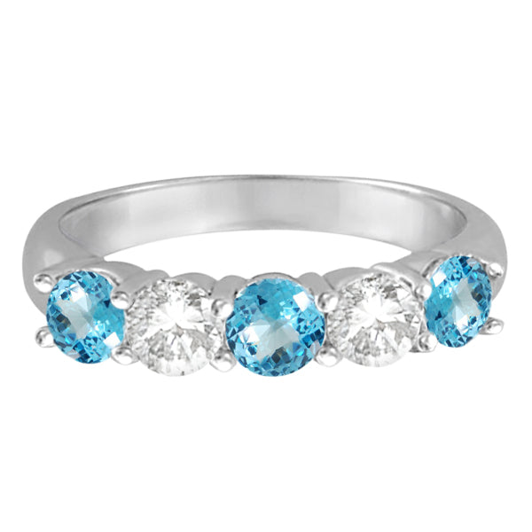 Five Stone Diamond and Blue Topaz Ring 14k White Gold (1.92ctw)