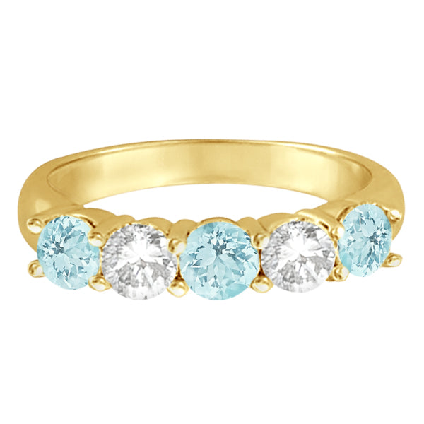 Five Stone Diamond and Aquamarine Ring 14k Yellow Gold (1.92ctw)