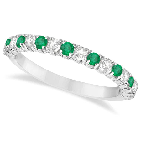 Lab Emerald & Lab Diamond Wedding Band Anniversary Ring in 14k White Gold (0.75ct)
