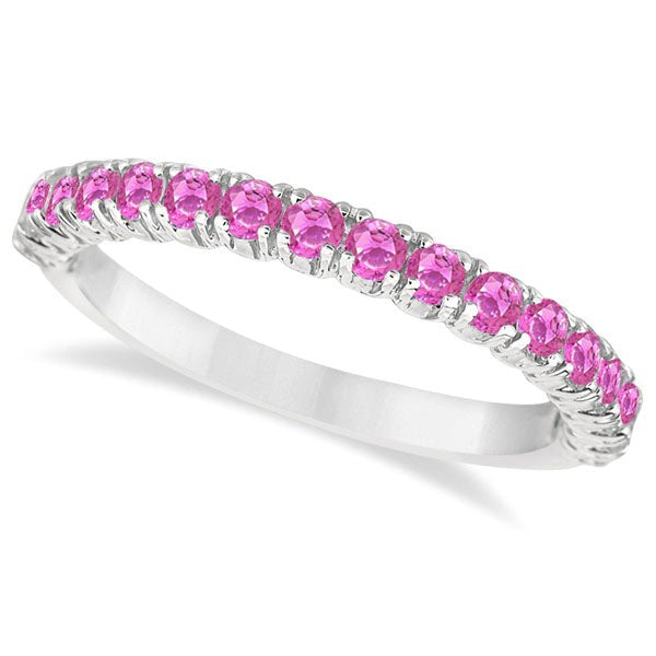 Half-Eternity Pave Thin Lab Pink Sapphire Stack Ring 14k White Gold (0.65ct)