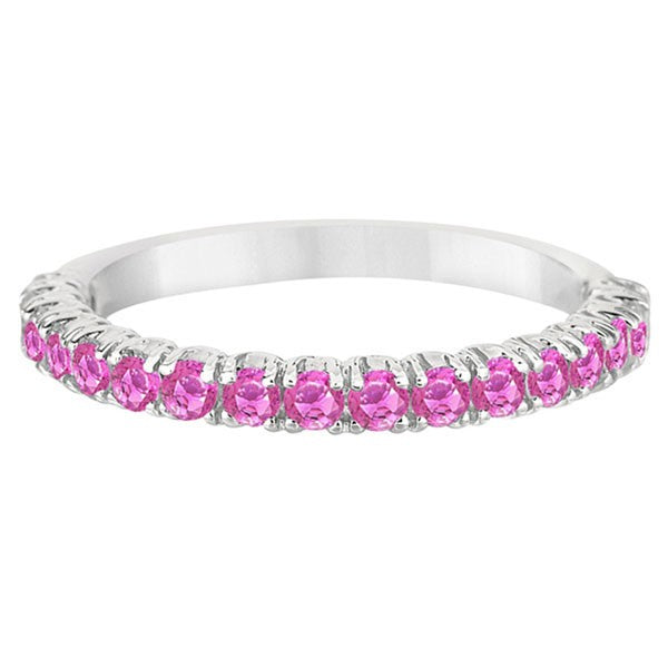 Half-Eternity Pave Thin Lab Pink Sapphire Stack Ring 14k White Gold (0.65ct)