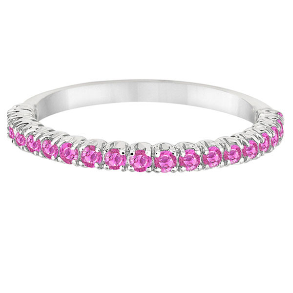 Half-Eternity Pave Thin Pink Sapphire Stack Ring 14k White Gold (0.65ct)