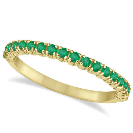 Half-Eternity Pave Thin Lab Emerald Stacking Ring 14k Yellow Gold (0.65ct)