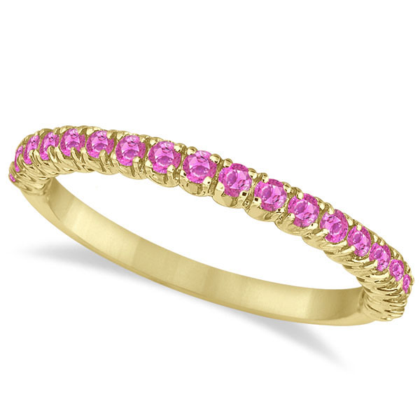 Half-Eternity Pave Thin Lab Pink Sapphire Stack Ring 14k Yellow Gold (0.65ct)