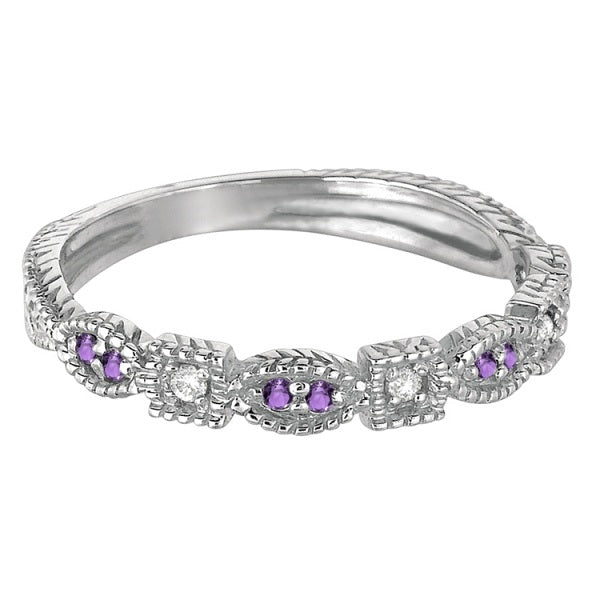 Vintage Stackable Diamond & Amethyst Ring 14k White Gold (0.15ct)