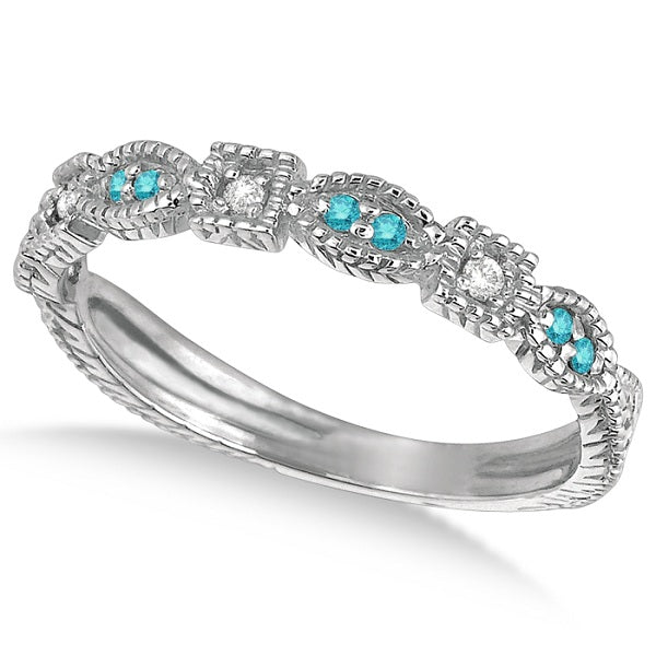 Fancy Blue & White Diamond Vintage Stack Ring 14k White Gold (0.15ct)