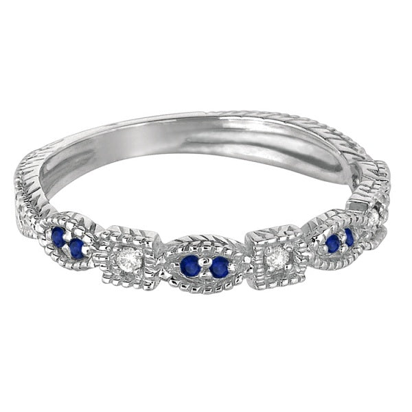 Vintage Stackable Diamond & Blue Sapphire Ring 14k White Gold (0.15ct)