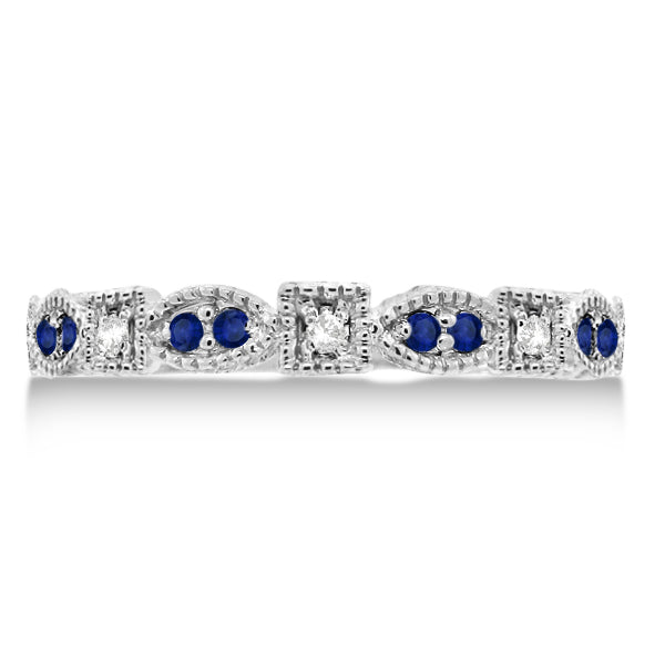 Vintage Stackable Diamond & Blue Sapphire Ring 14k White Gold (0.15ct)