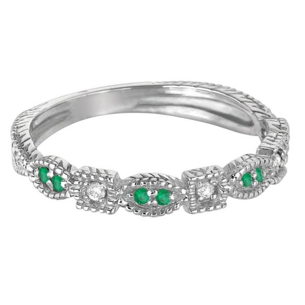 Vintage Stackable Diamond & Emerald Ring 14k White Gold (0.15ct)
