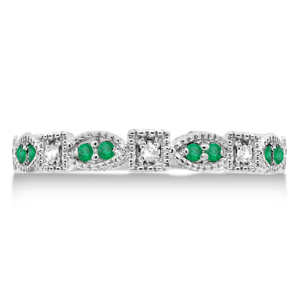 Vintage Stackable Diamond & Emerald Ring 14k White Gold (0.15ct)