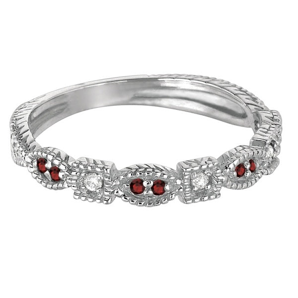 Vintage Stackable Diamond & Garnet Ring 14k White Gold (0.15ct)