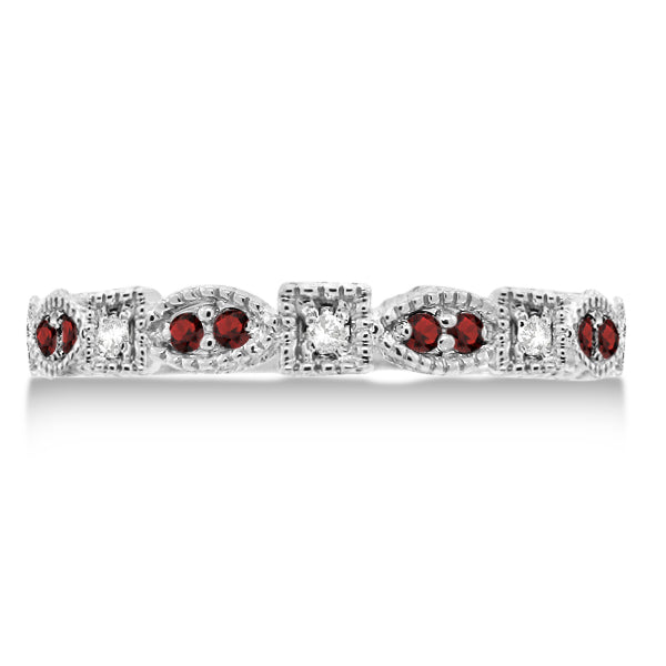 Vintage Stackable Diamond & Garnet Ring 14k White Gold (0.15ct)