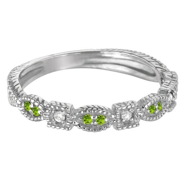 Vintage Stackable Diamond & Peridot Ring 14k White Gold (0.15ct)