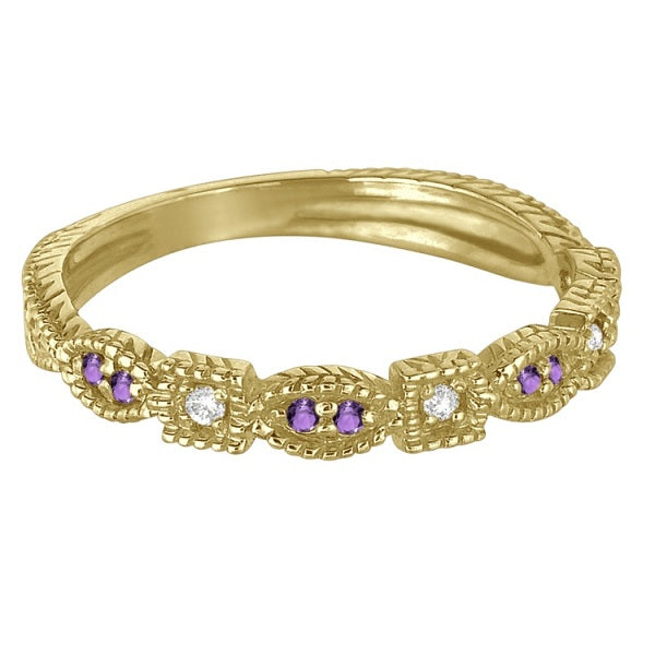 Vintage Stackable Diamond & Amethyst Ring 14k Yellow Gold (0.15ct)