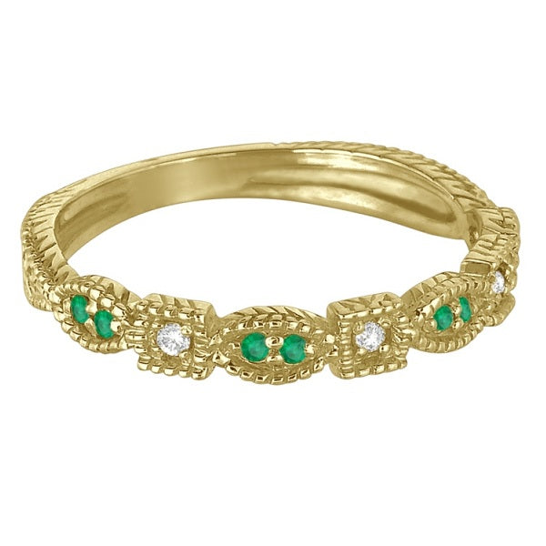 Vintage Stackable Diamond & Emerald Ring 14k Yellow Gold (0.15ct)