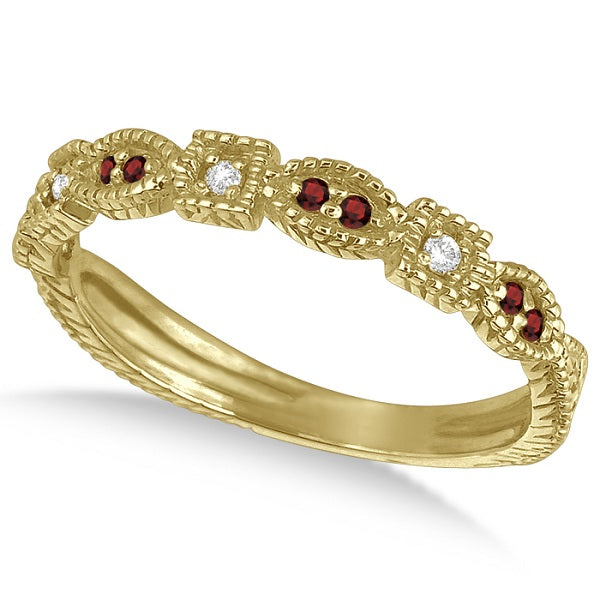 Vintage Stackable Diamond & Garnet Ring 14k Yellow Gold (0.15ct)
