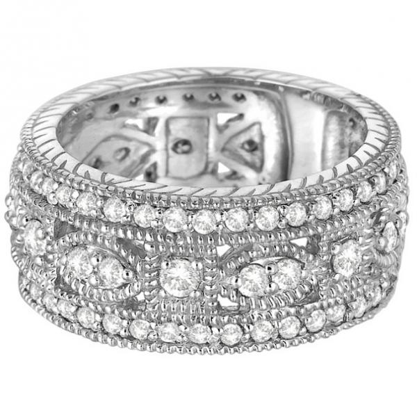 Vintage Style Byzantine Wide Band Lab Diamond Ring 14k White Gold (1.37ct)