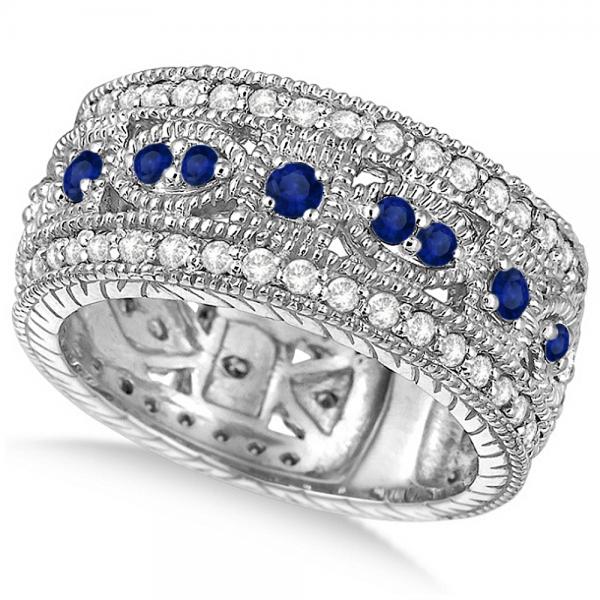 Vintage Byzantine Lab Diamond & Lab Blue Sapphire Ring 14k White Gold (1.37ct)