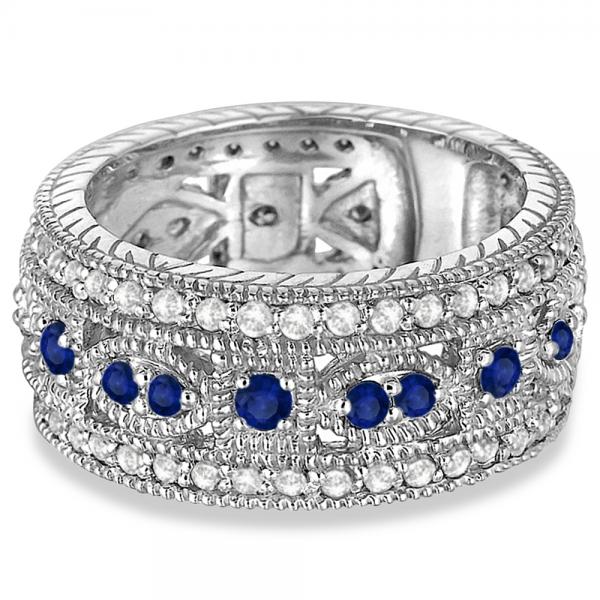 Vintage Byzantine Lab Diamond & Lab Blue Sapphire Ring 14k White Gold (1.37ct)