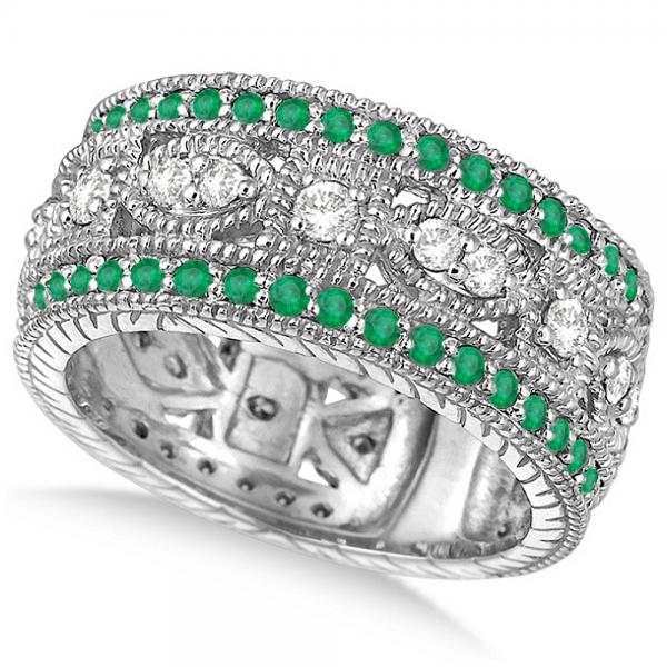 Vintage Style Byzantine Lab Diamond & Lab Emerald Ring 14k White Gold (1.37ct)