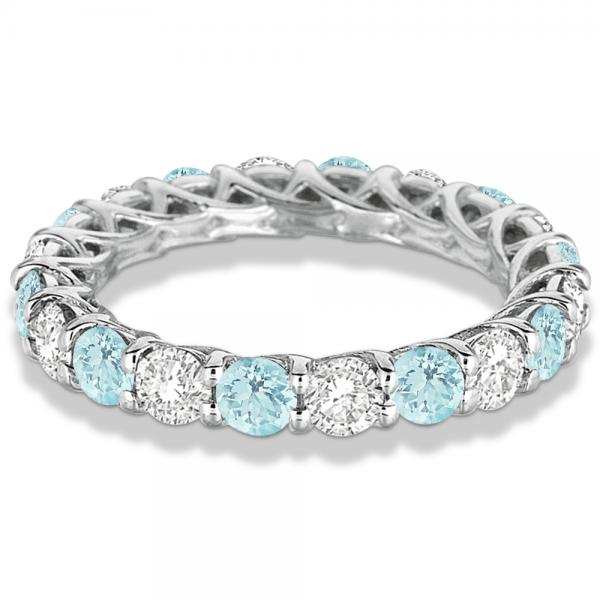 Luxury Diamond & Aquamarine Eternity Ring Band 14k White Gold (4.20ct)
