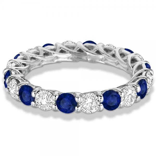 Luxury Diamond & Blue Sapphire Eternity Ring Band 14k White Gold 4.20ct