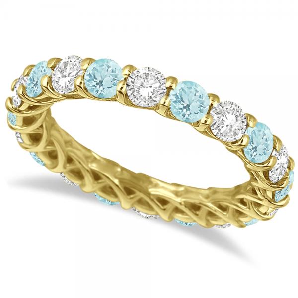 Luxury Diamond & Aquamarine Eternity Ring Band 14k Yellow Gold 4.20ct