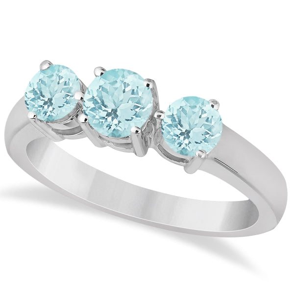 Three Stone Round Aquamarine Gemstone Ring in 14k White Gold 1.50ct