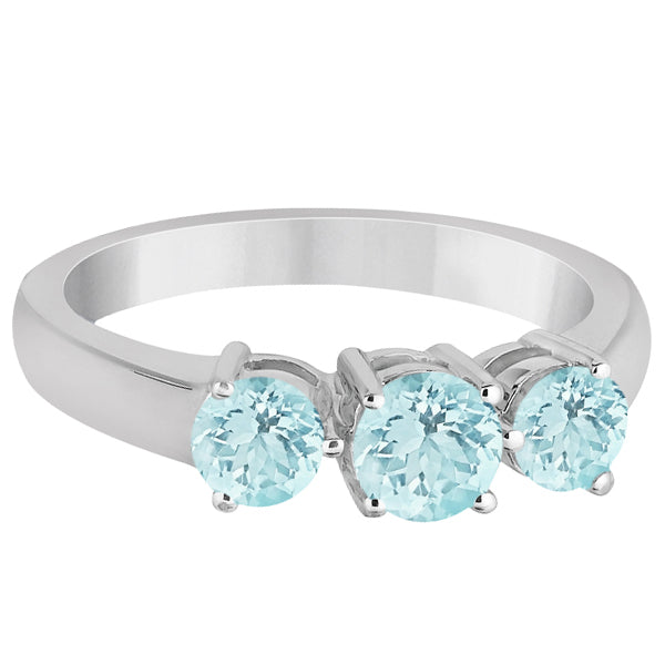 Three Stone Round Aquamarine Gemstone Ring in 14k White Gold 1.50ct