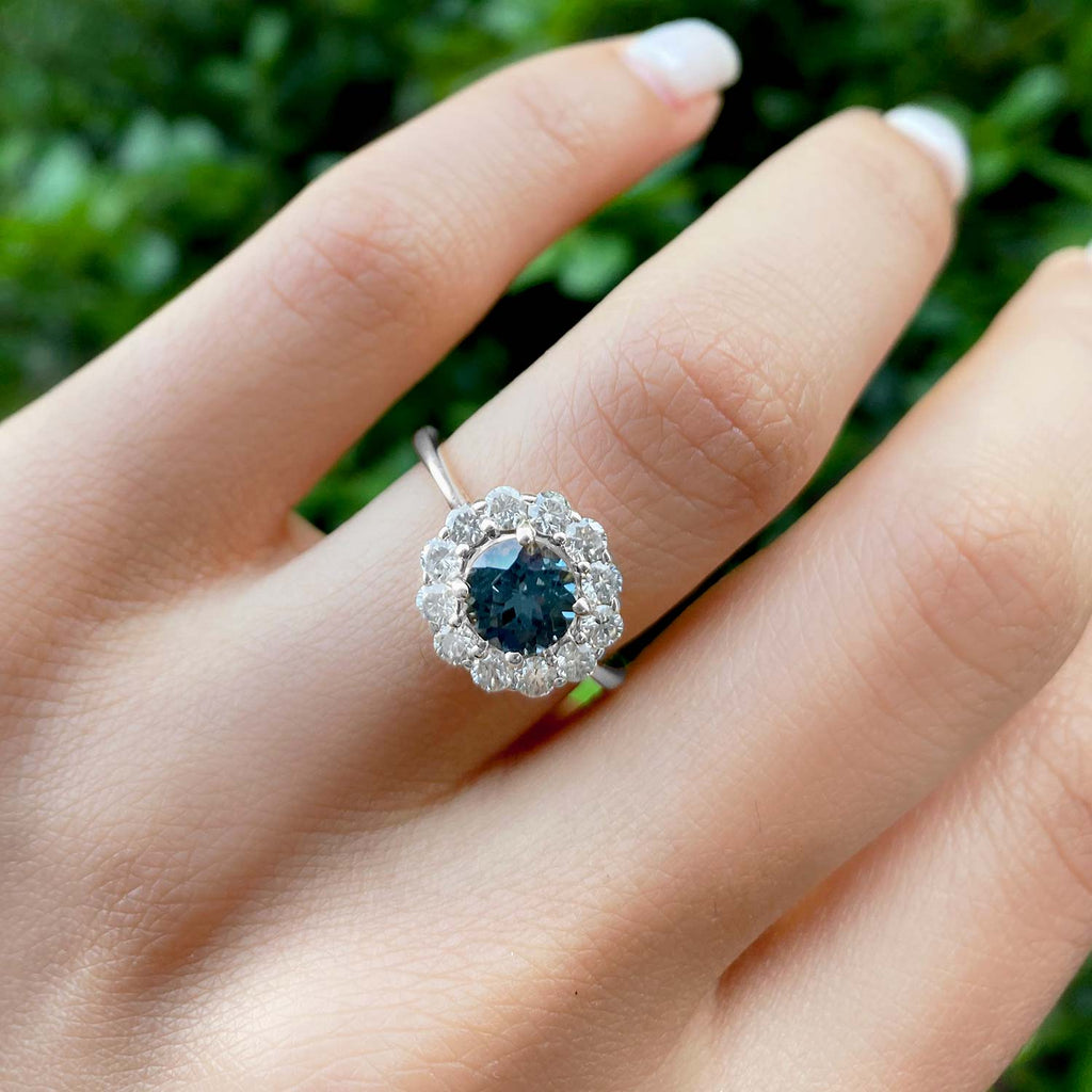 Halo Diamond Accented and Gray Spinel Lady Di Ring 14K White Gold (2.14ct)