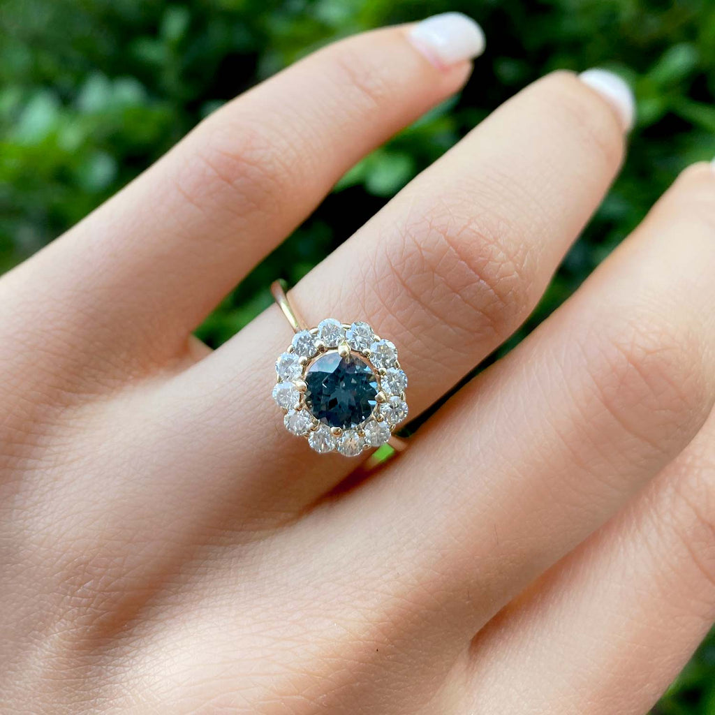 Halo Diamond Accented and Gray Spinel Lady Di Ring 14K Yellow Gold (2.14ct)