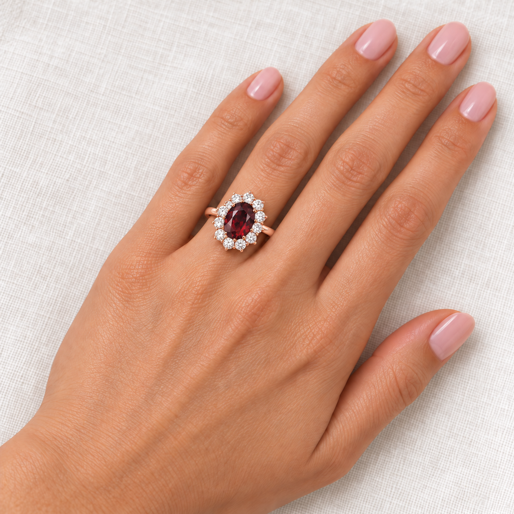 Natural 9x7mm oval garnet and 12-diamond halo Lady Diana ring in 18k rose gold on left ring finger over ivory linen